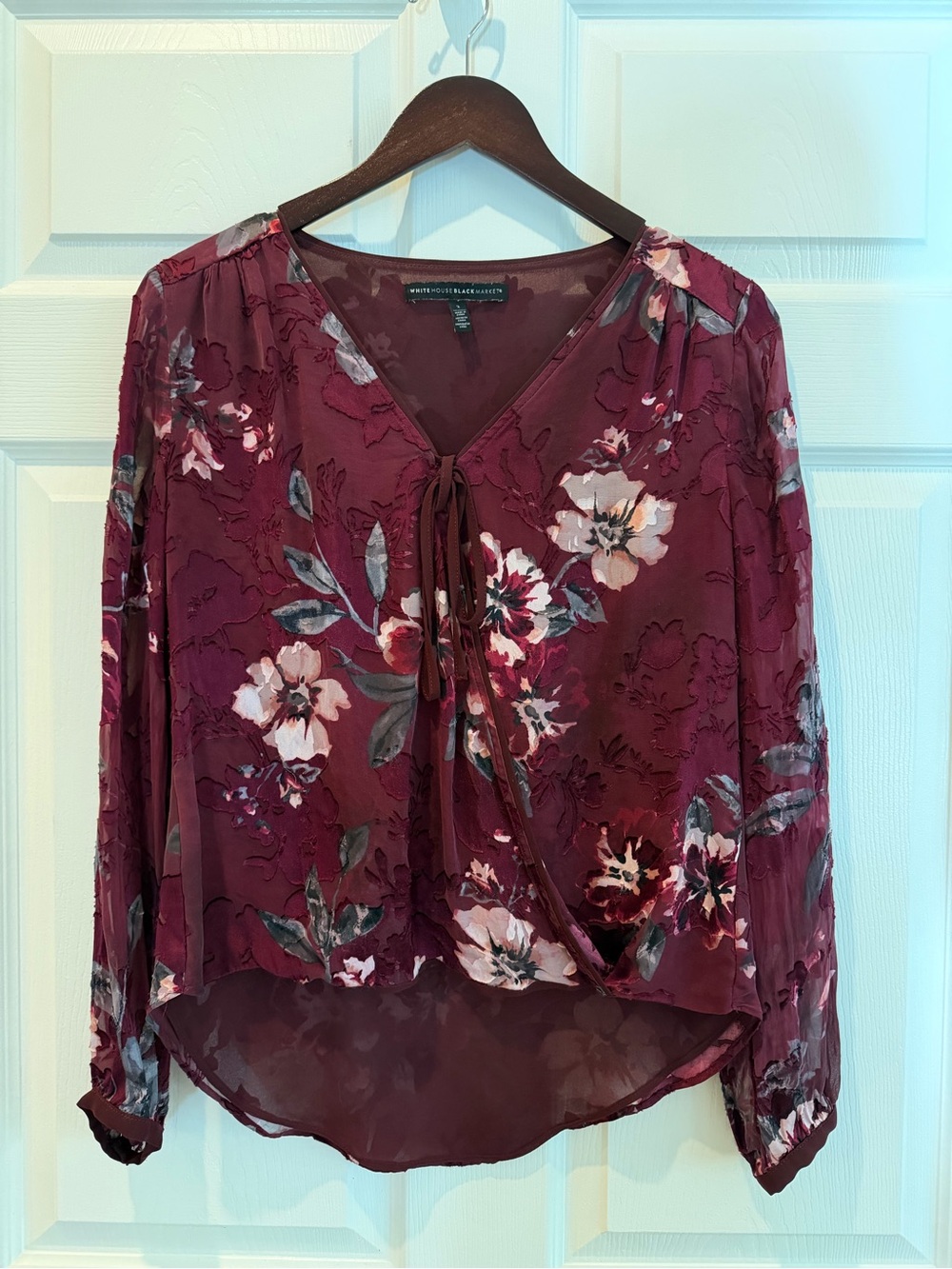 White House Black Market Burgundy Floral Tie-Neck Blouse